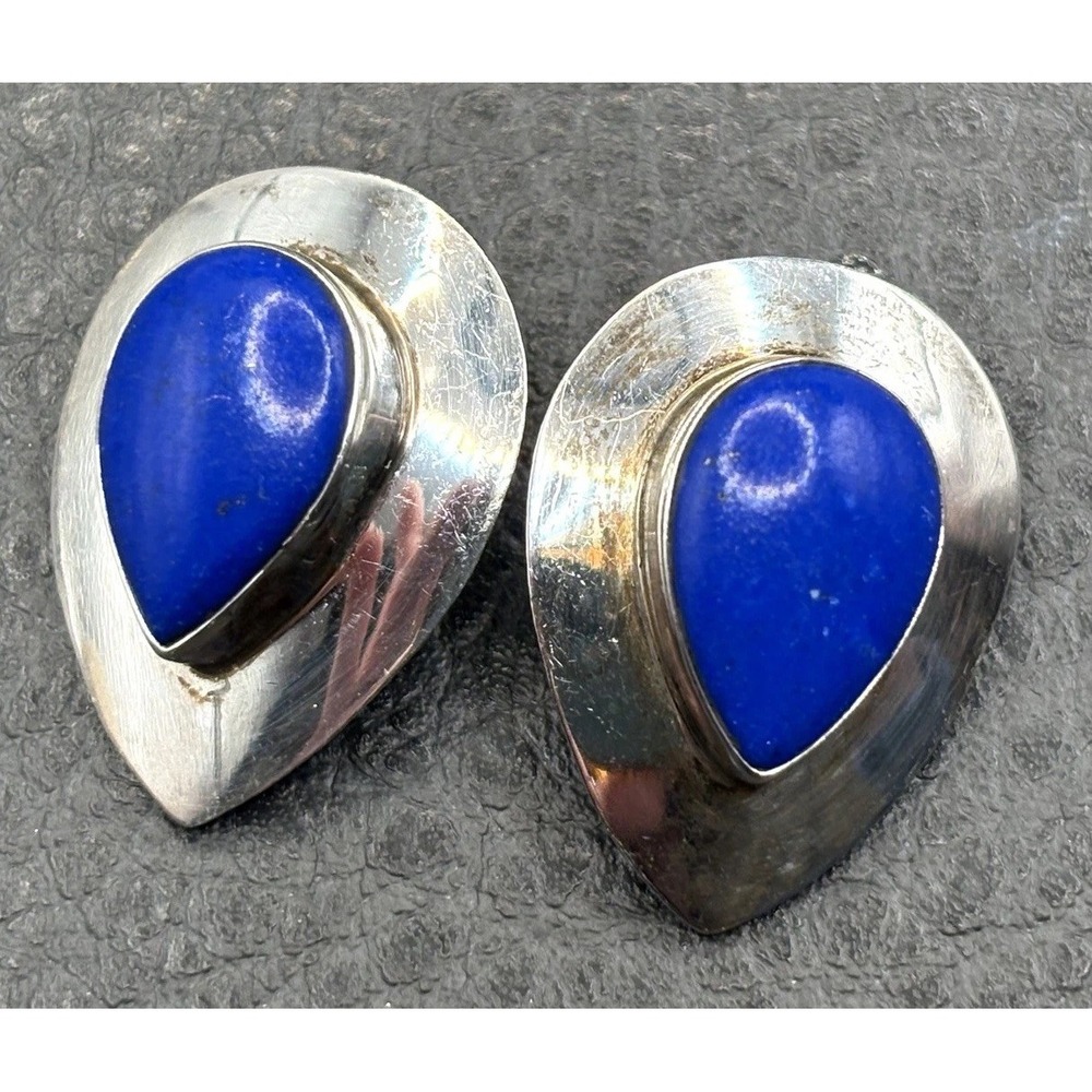 Vintage Zuni Sensa Eustace Sterling Silver Blue Teardrop Clip Earrings Southwest